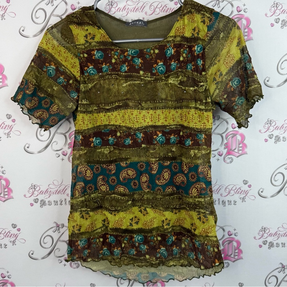 Katmai T-shirt stretchy ruffle trim Bohemian Patchwork Blouse - Green and Brown